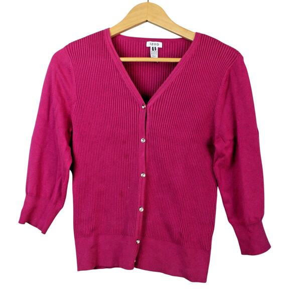 Izod Fuschia 3/4 Sleeve Ribbed Cardigan Sweater Medium Buttoned - Picture 1 of 9